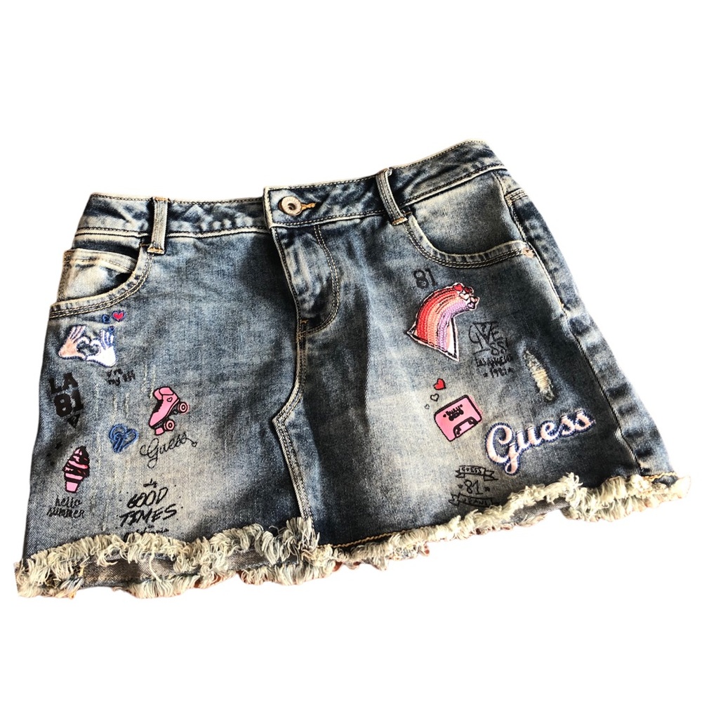 Guess Embroidery Fun Denim Mini Cut-off Skirt Trendy Spring Girls Sz 8 youth